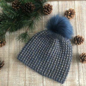 Handmade Crochet Blue Gold Beanie Pom Pom Hat